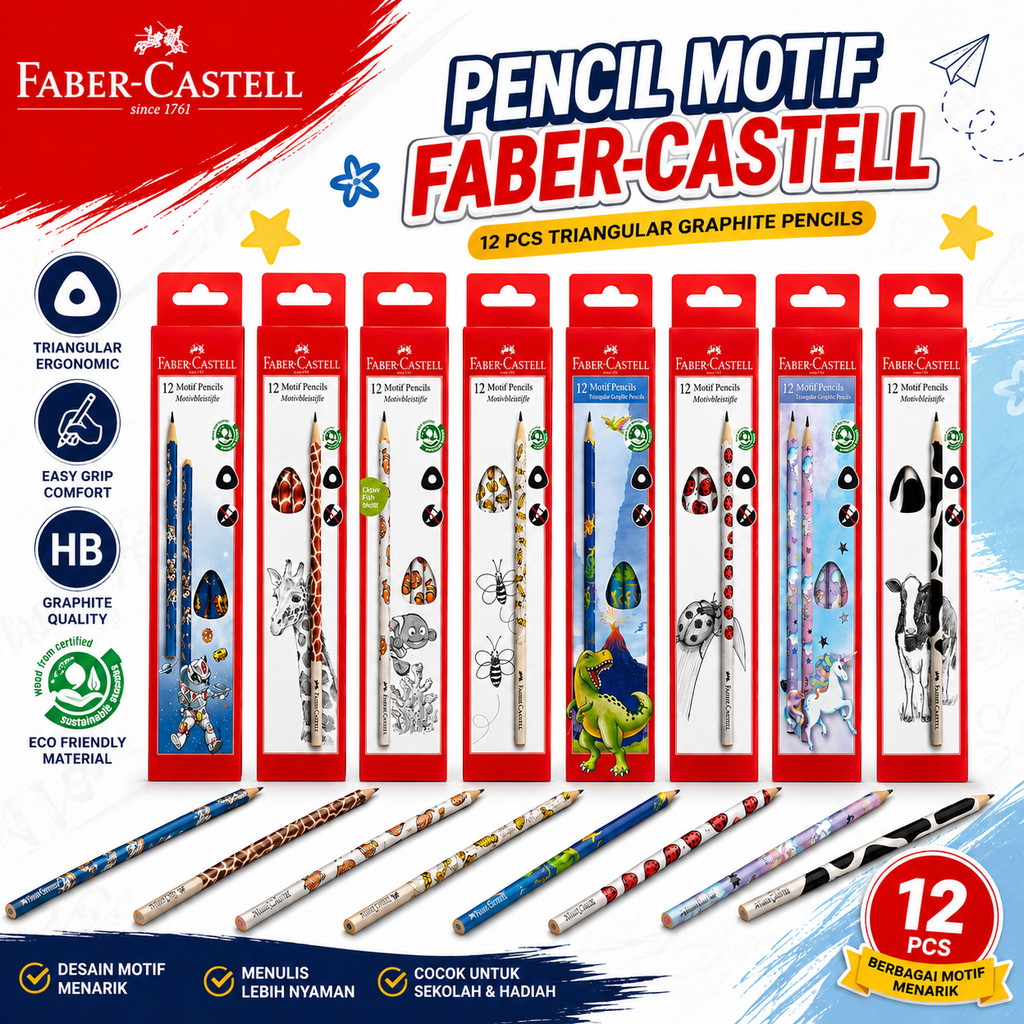 Faber Castell Motif Hewan Robot Dinosaurus Unicorn Kepik Lebah Jerapah Sapi Badut Ikan Sea Pensil Gr