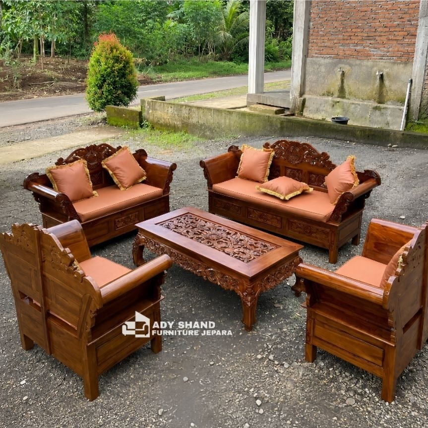 Kursi Tamu Madura Matahari Jati Jepara Set 3211 Meja Ukir | Sofa Kayu Jati Solid Minimalis Klasik Me