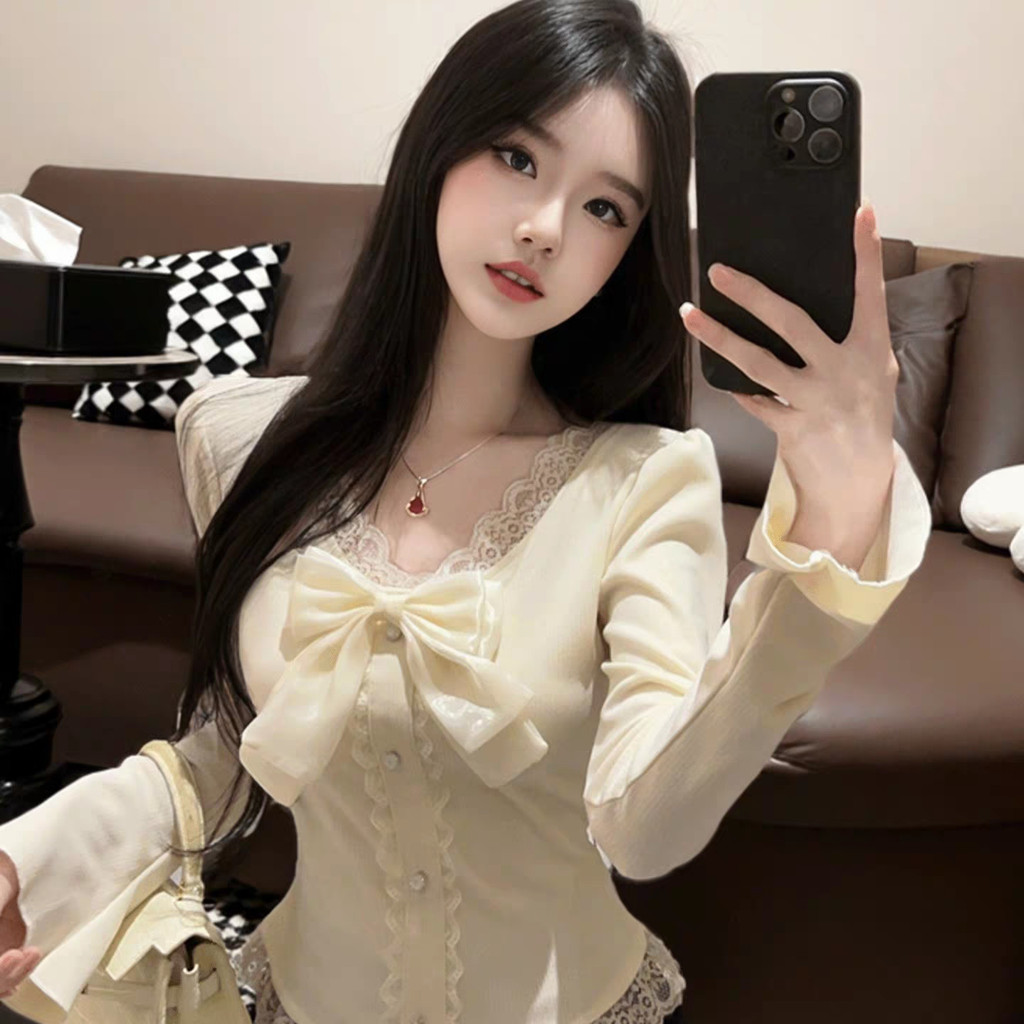 Atasan Lace Korea Wanita Brokat Renda Pita Mewah Blouse Kondangan Y016