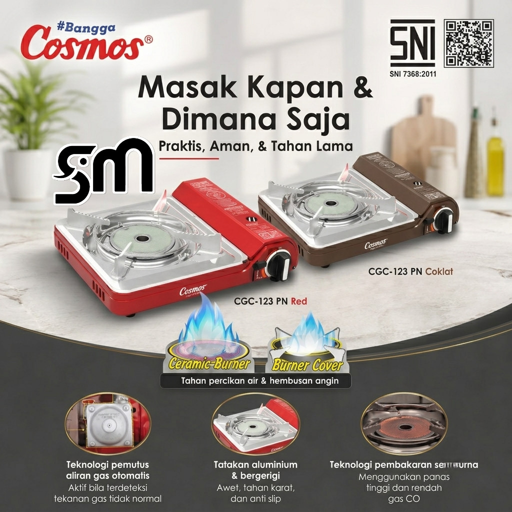 Kompor Gas Portable Cosmos CGC123PNBR 2 in 1 Ceramic Burner Red