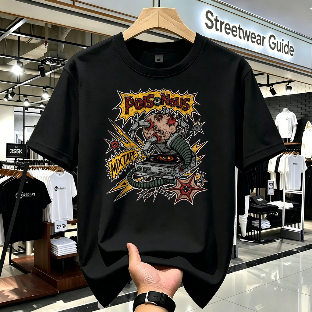 Kaos Unisex Poisonous Mixtape Monster Turntable Gaya Punk Horror Vintage