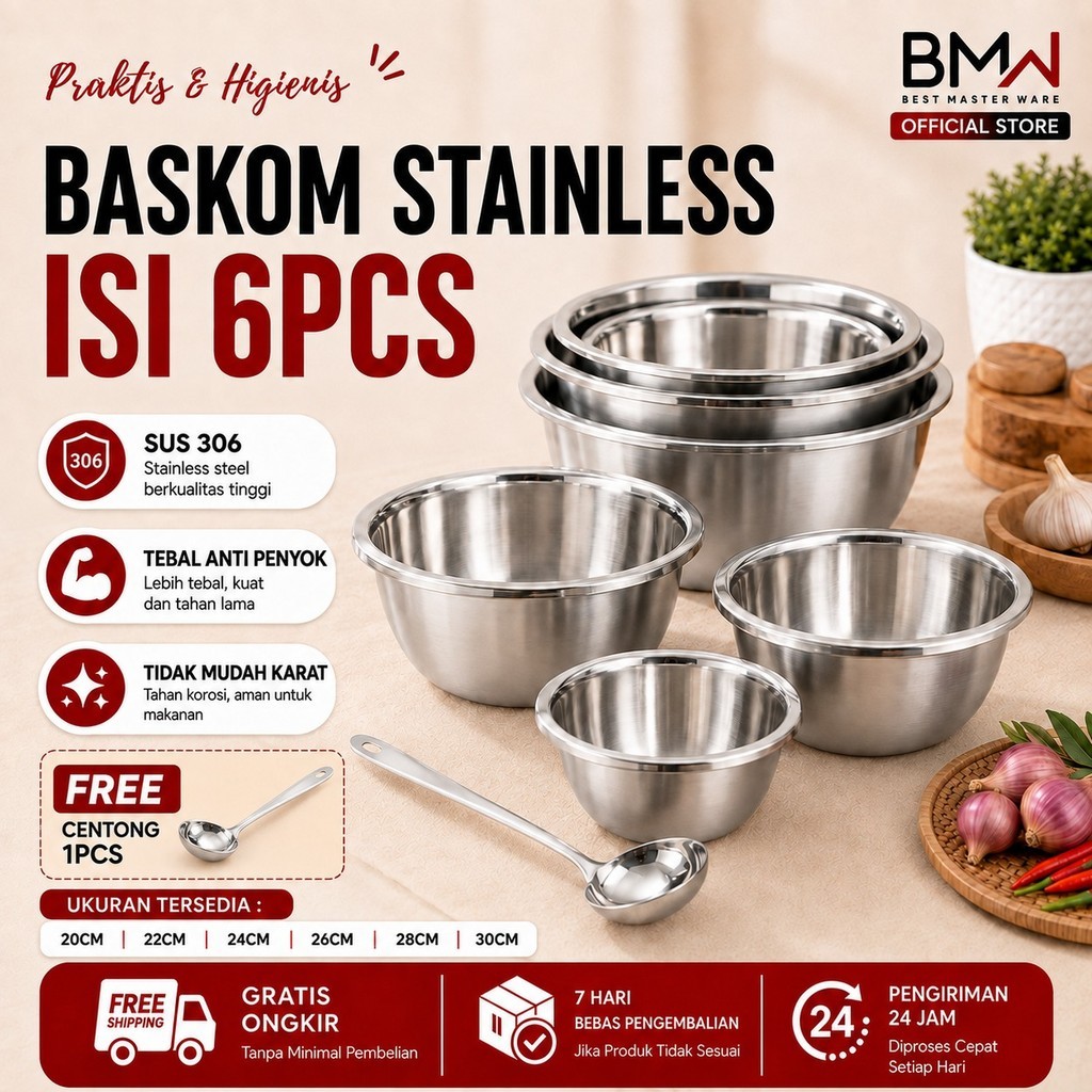 BMW Kitchenware - [6PCS]  Baskom Premium SUS 304 Pencuci Sayur Stainless Steel FREE CENTONG SAYUR