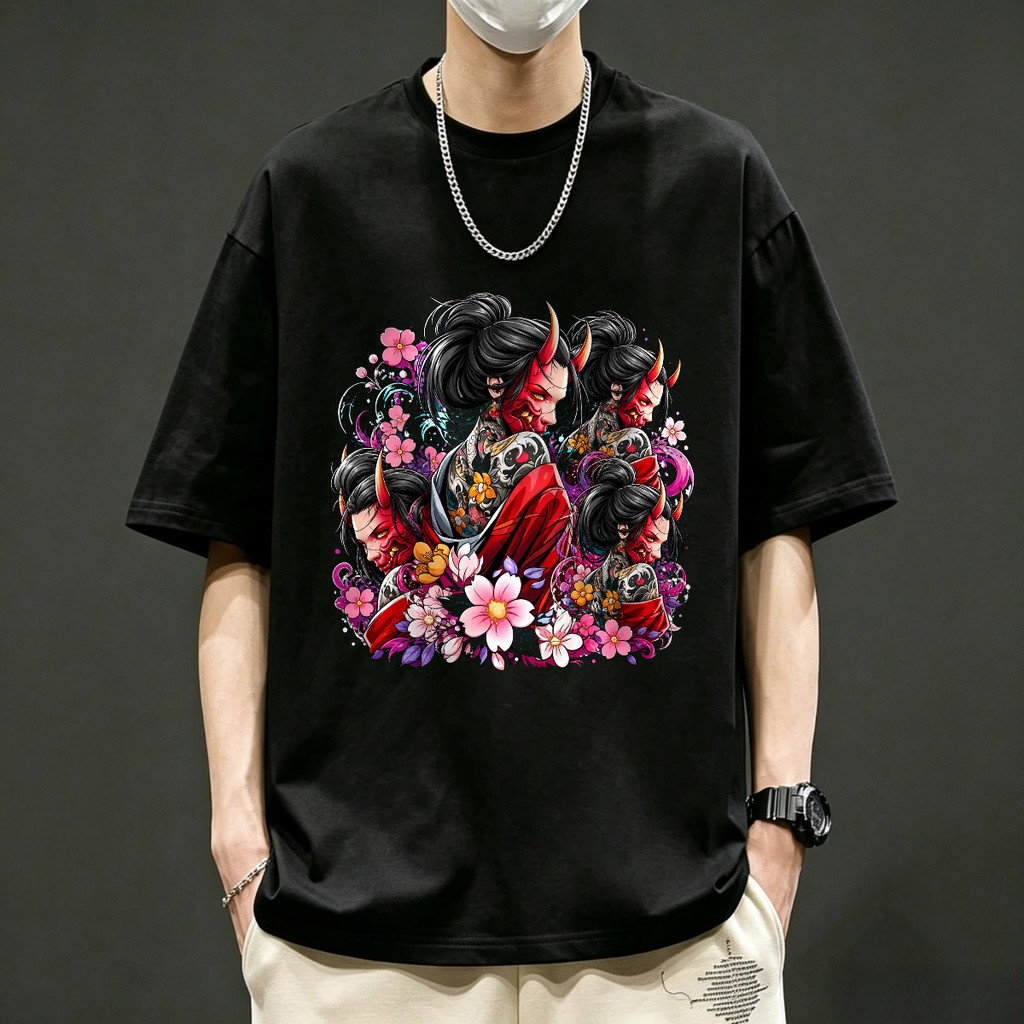 Kaos Pria Oni Samurai Jepang Bunga Sakura Tattoo Warrior Kaos Distro Kaos Lengan Pendek Unisex Stree