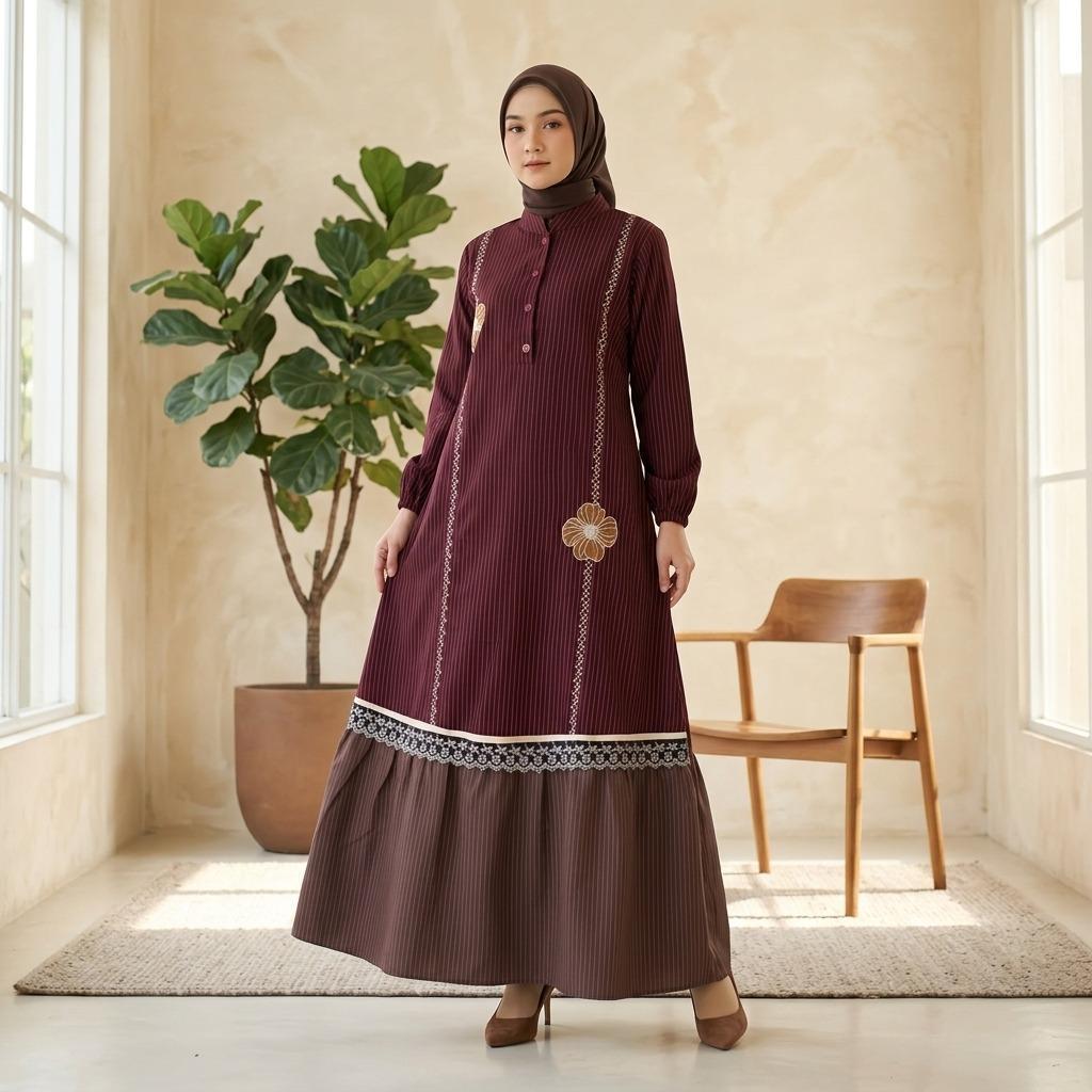 Gamis Amanda Alluna Bugatti Salur Bordiran Renda (Free Pouch, Goodie Bag)