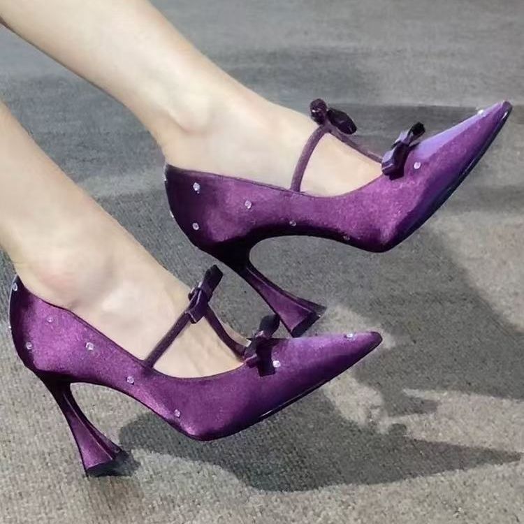 Purple suede rhinestone high-heeled shoes for women with pointed toe and thin heel
