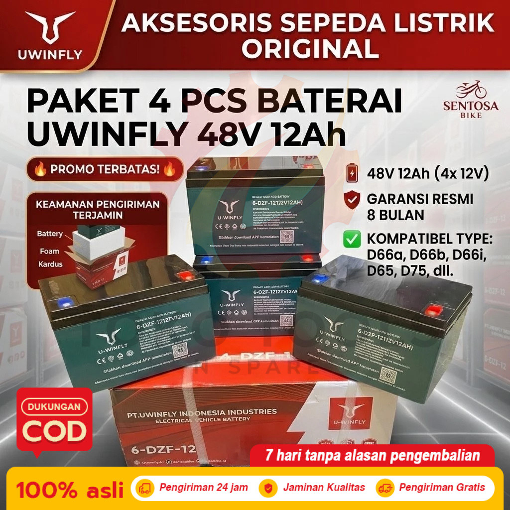 Aki U-WINFLY 12V 12Ah 6-DZF-12 Original Baterai Sepeda Listrik Kering 48V 12Ah
