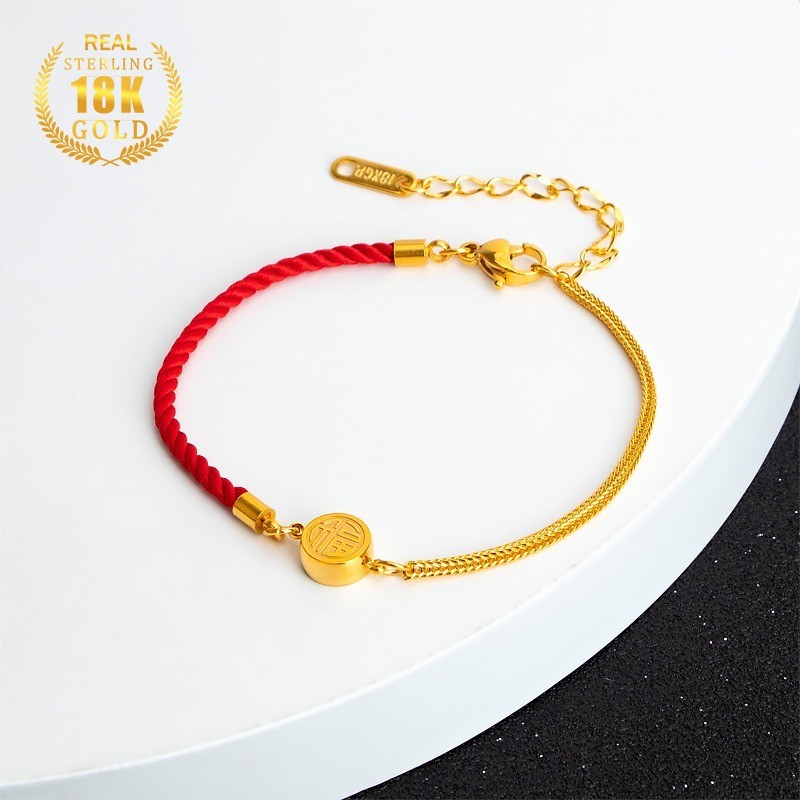 Gelang Kaki Tali Merah Emas 18K Lucky Double-Sided 3D Kecil Untuk Wanita