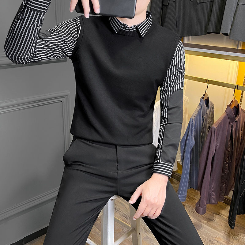 Pria palsu dua sweater bisnis kasual kemeja kerah kemeja rajutan kemeja