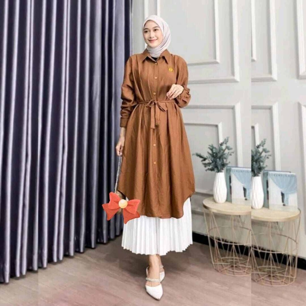 Long Tunik Basic bahan Cringkle Airflow Kekinian Atasan Wanita Muslimah Tunik  Polos Tali Pinggang C