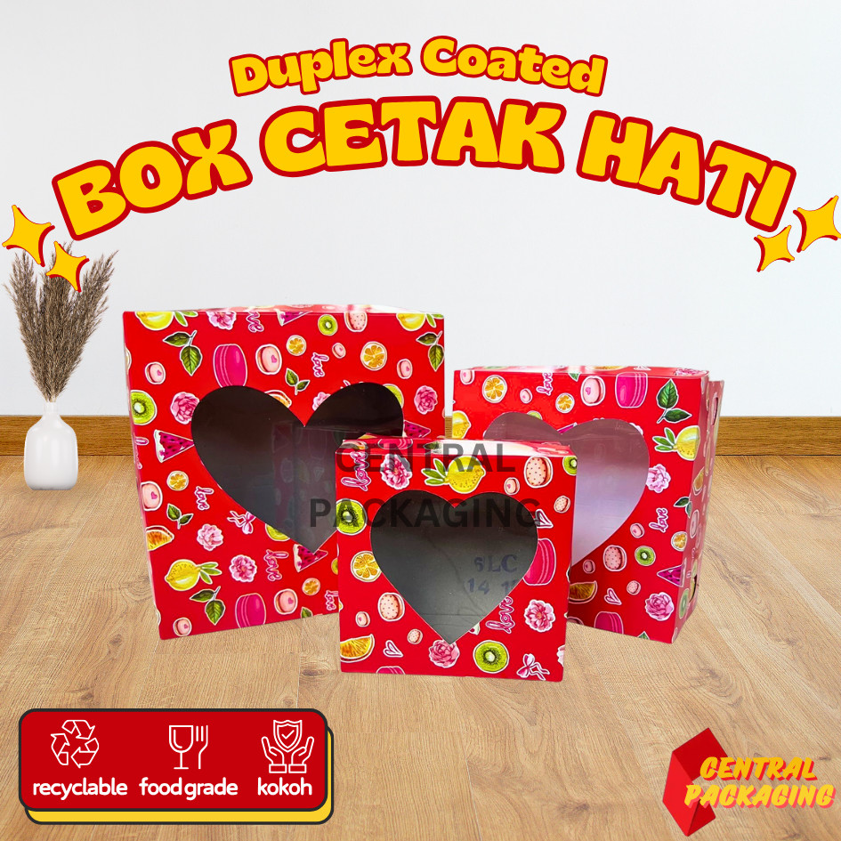 Central Packaging - Dos Tart Hati Cetak Motif Mawar Tutup Mika Pisah Box Kue Roti Cake Duplex Coated
