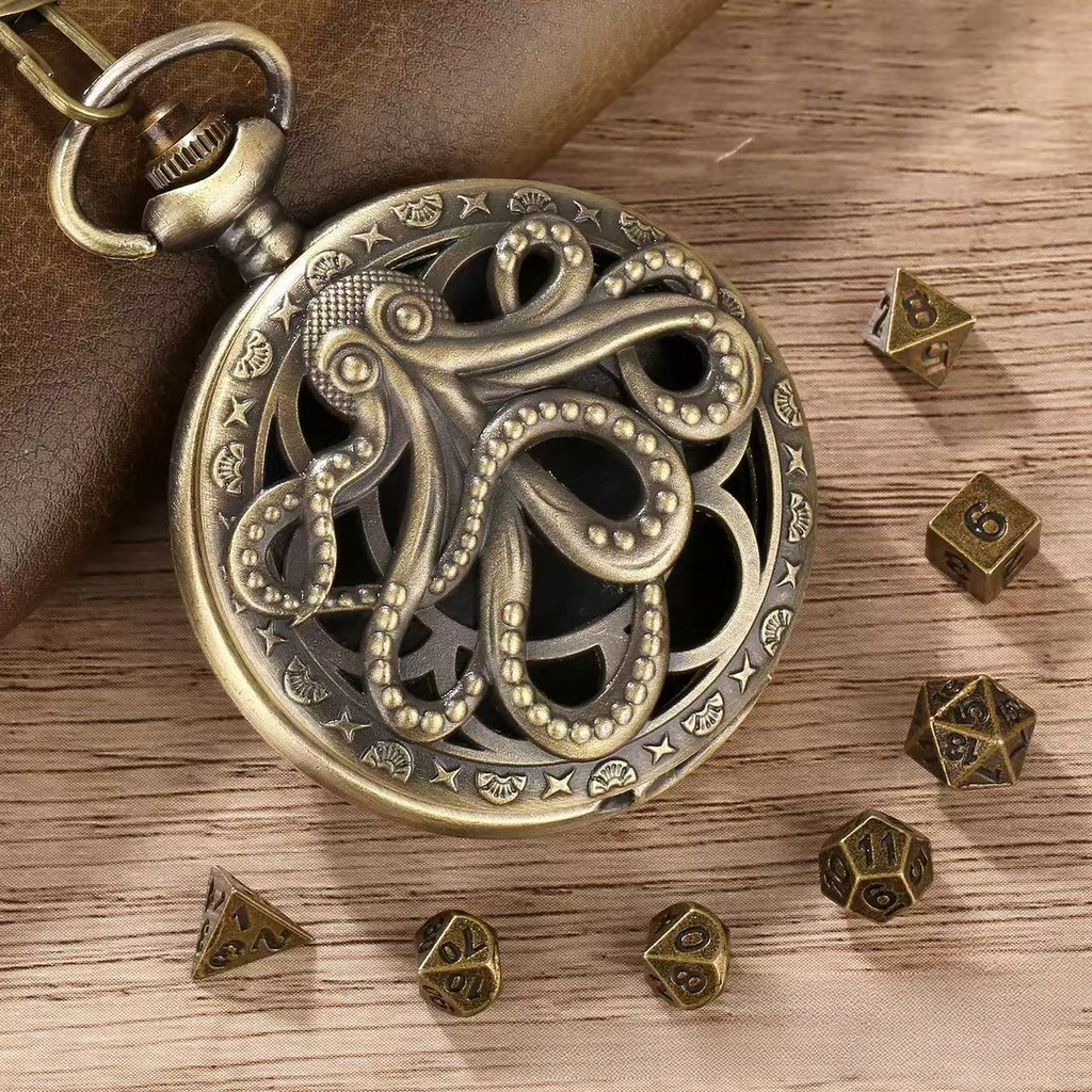 Vintage Octopus Pocket Watch Box 7 Pieces Mini Metal Polyhedron Dice Pendant Necklace Party Board Ga