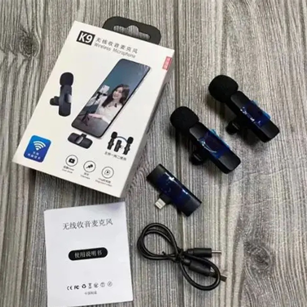 Wireless Clip-on Microphone K9 Mini Mic Premium untuk Smartphone Kamera Vlog Live Streaming Content 