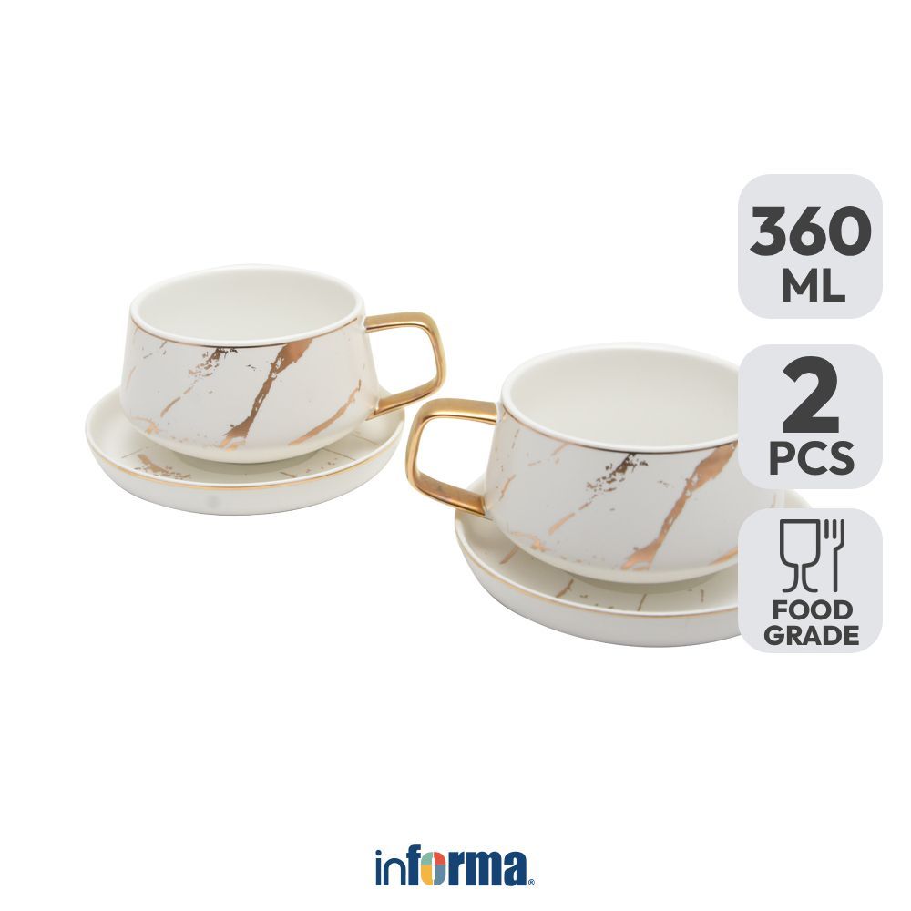 Informa Appetite Cangkir Dengan Saucer Porcelain Marbel 360 ml Set 2 Pcs - Putih Tea Cup Coffee Cup 