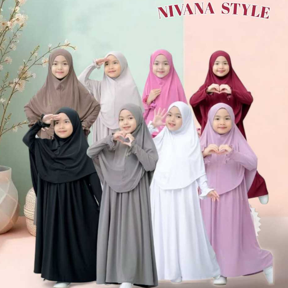 (Gratis Ongkir) NIVANA Style Gamis Anak Set Hijab Jersey ||  Gamis Anak Jersey Set Hijab 1-12 Tahun 
