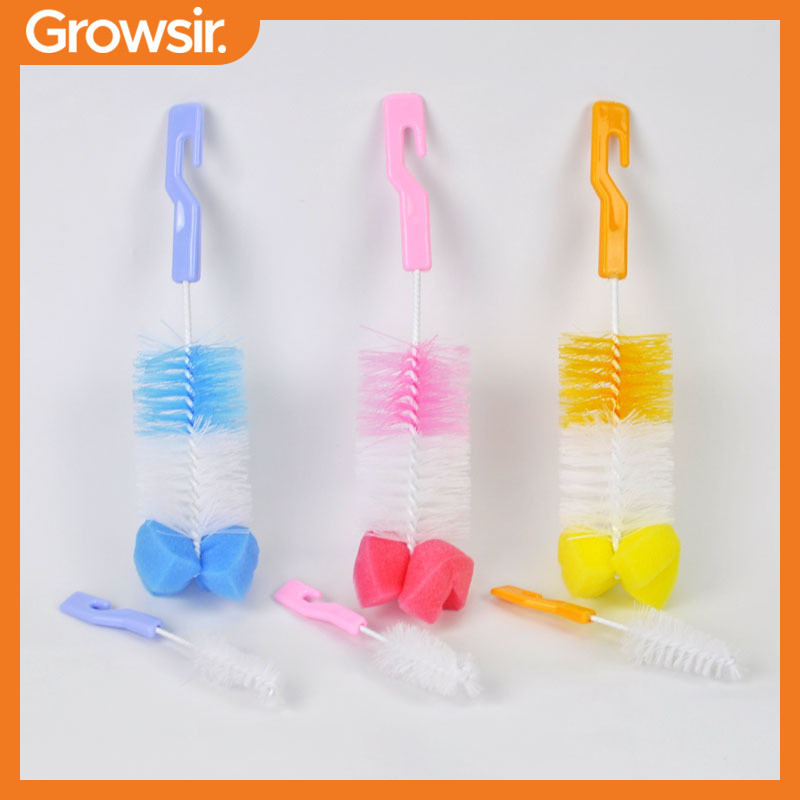 GROWSIR Sikat Botol dan Dot Bayi 2 in 1 | Sikat Botol Susu Bayi dengan Spons & Nilon | Bottle Brush Set CF057