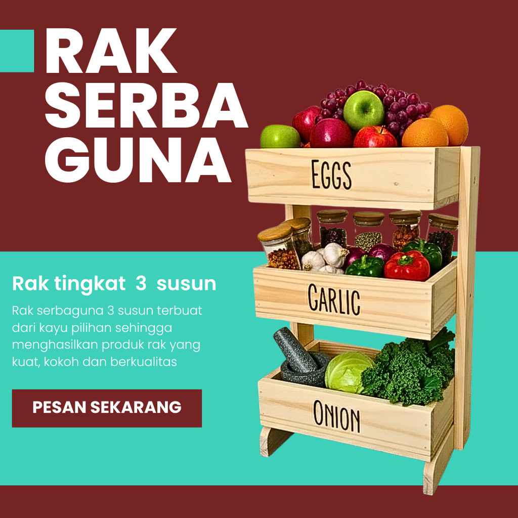Rak bawang kayu 3 susun / Rak dapur / Rak kosmetik/ Rak perkakas/ Rak bawang