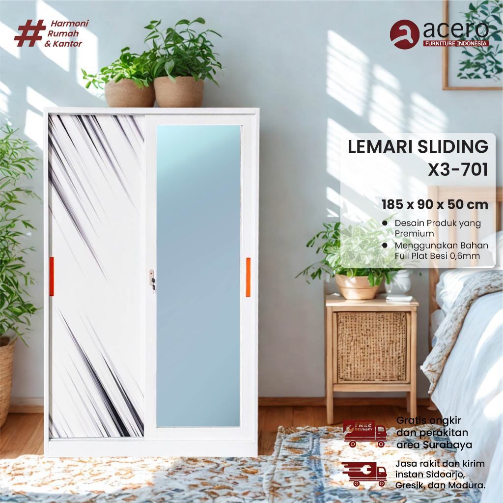 FREE PACKING KAYU-LEMARI BESI SLIDING 2 PINTU LEMARI BESI PAKAIAN LEMARI BAJU MINIMALIS X3