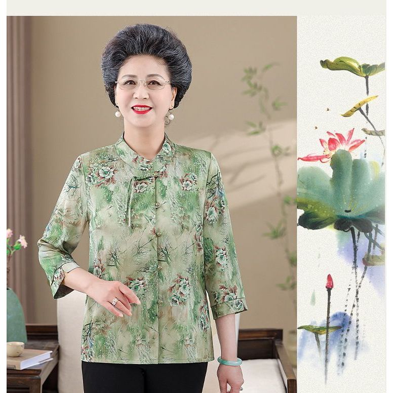 Nenek pakaian musim panas cetak kaos orang tua Cina angin tujuh lengan kaos wanita tua top