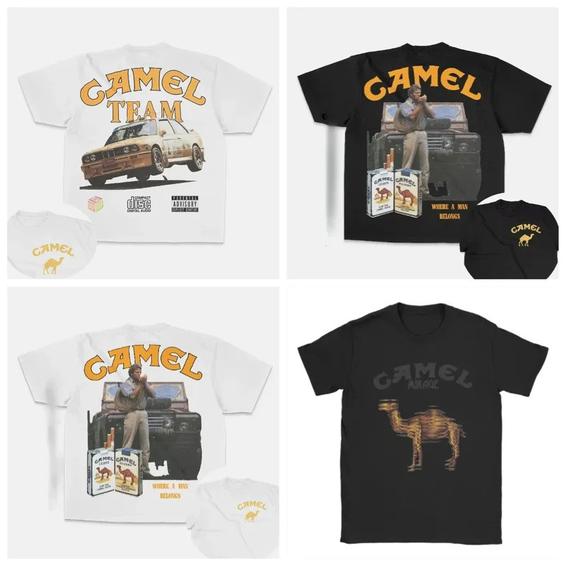 kasual Kaos Retro Mobil Camel Rokok Vintage Atasan Kaos Lengan Pendek Santai Streetwear Pakaian Pria