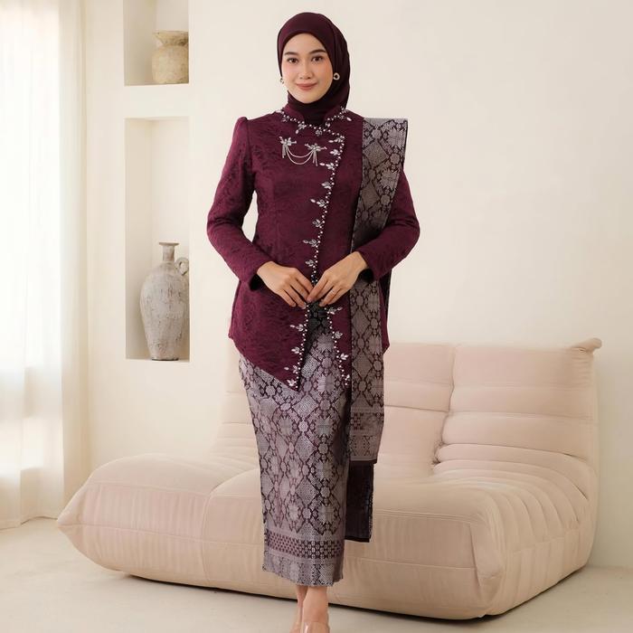 Setelan Kebaya Tunik Brokat Payet Miring Mix Songket Palembang Dengan Selendang Modern Elegan Atasan