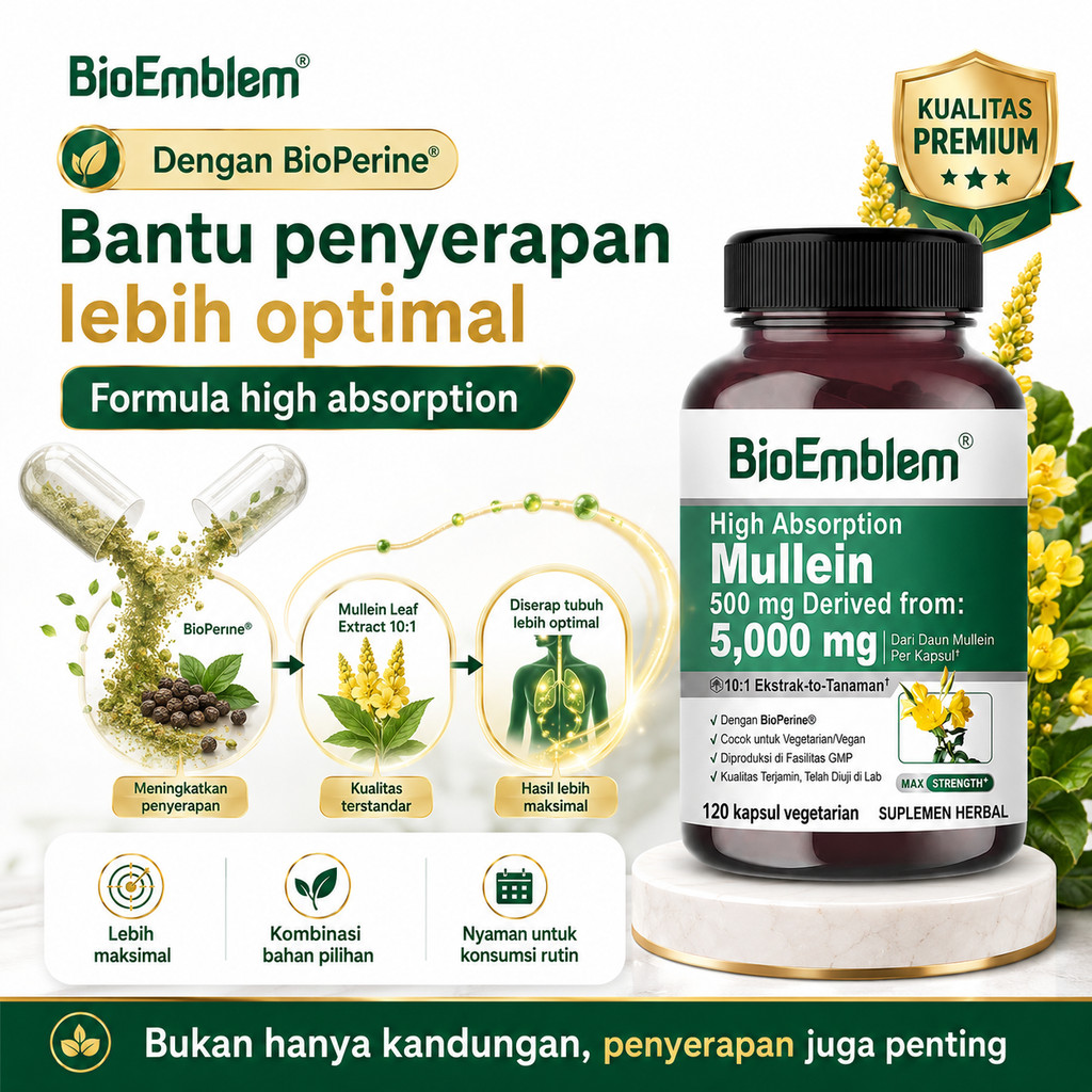 Mullein 500mg BioEmblem Suplemen Herbal Daun Mullein 10:1, Vegan, Lab Tested, untuk Kesehatan Pernap