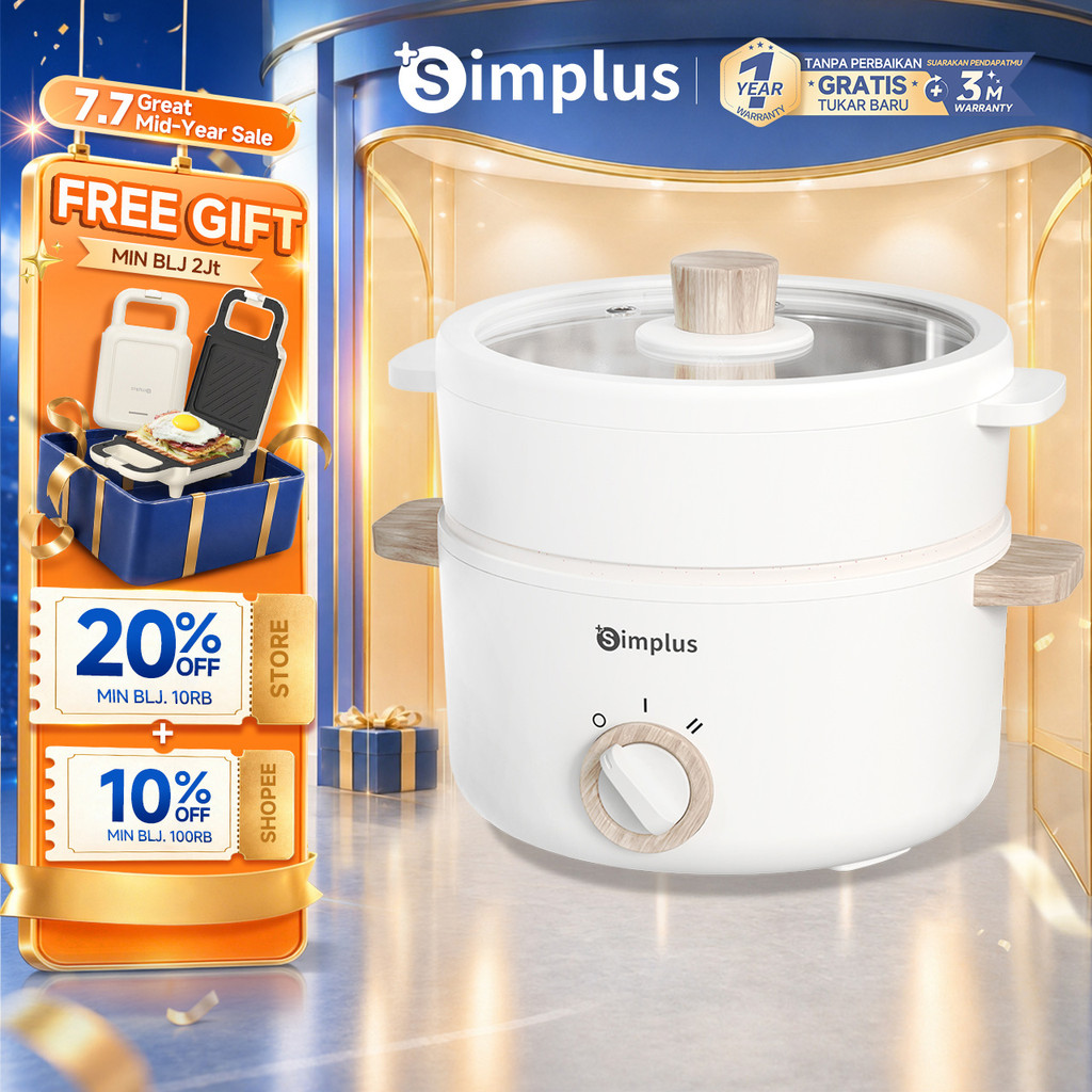 Simplus Panci Listrik Kapasitas 1.5L Panci Serbaguna Anti Lengket Dengan Kukusan 2 Mode Panas
