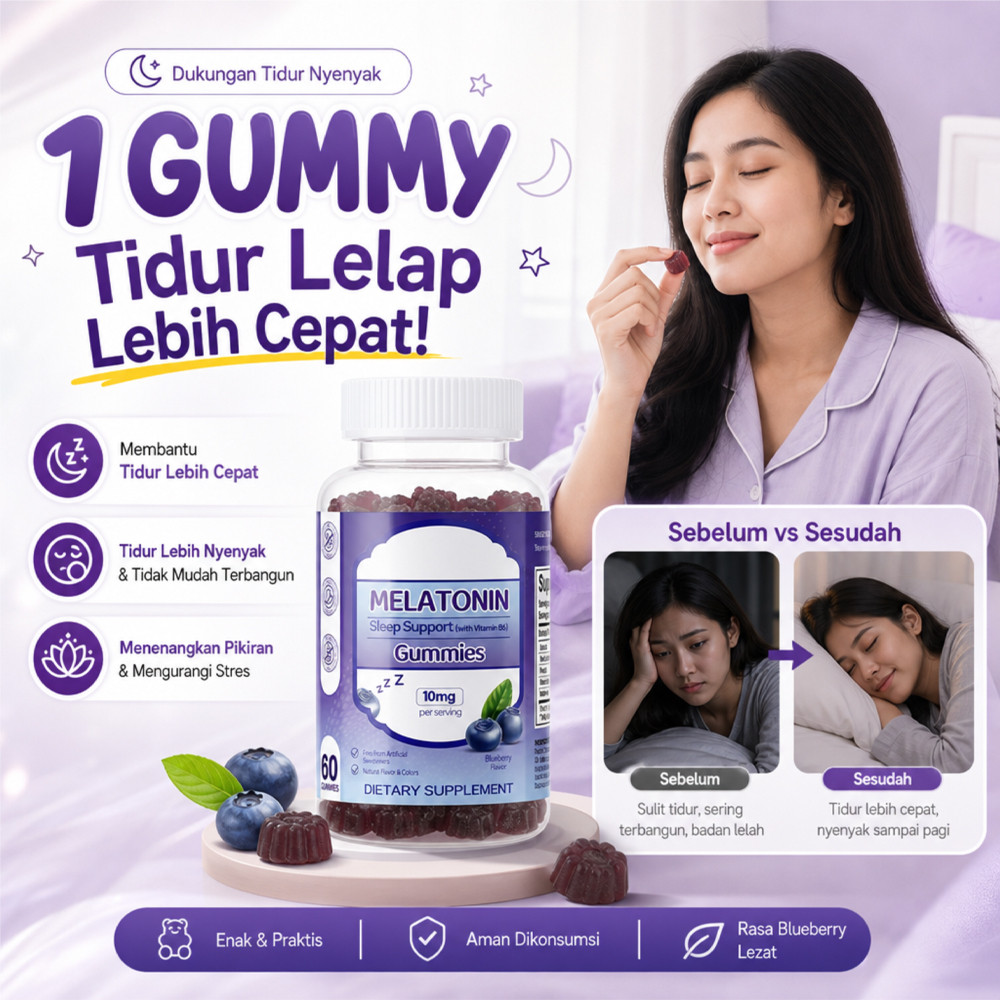 [Promosi] Sleep Gummies 10mg Bantu Cepat Tidur & Tidur Nyenyak | Vitamin B6 60 Gummies | Suplemen Re