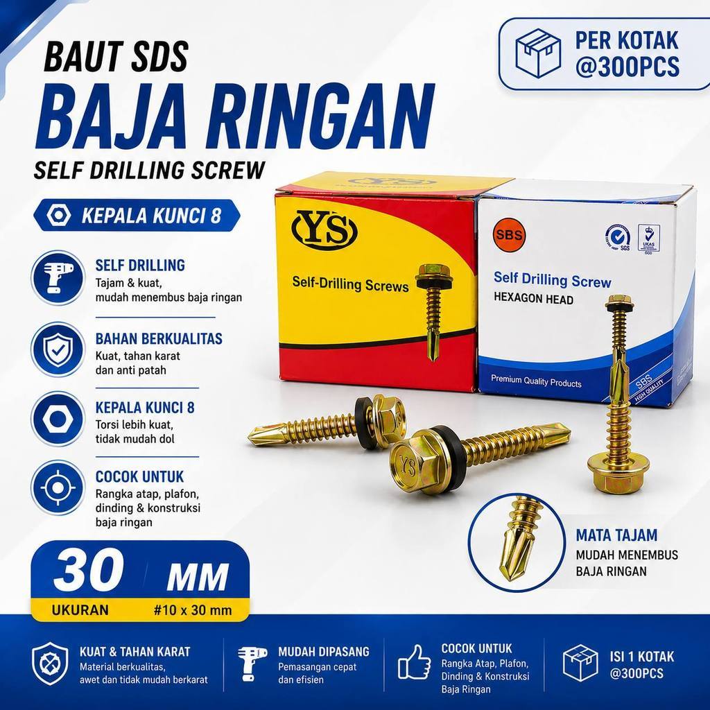 PERKOTAK - Baut SDS Baja Ringan Seng Roofing YS SBS 30 MM / Self Drilling Screw