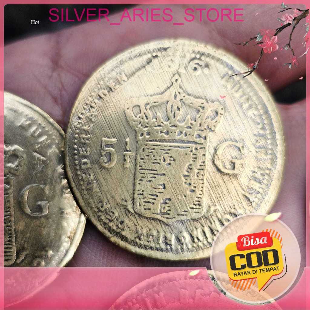 Silver Aries. Koin Kuno Warna Emas Model Mata Uang Kuno / Koin 5 Gulden VOC Belanda Netherland / Ned