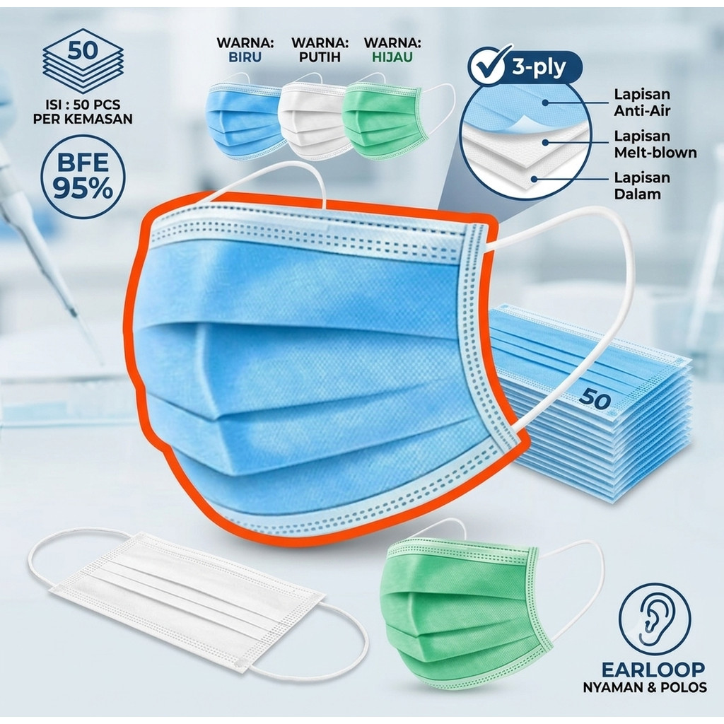 Masker 3 Ply 3Ply isi 50 disposable Masker Anti Debu virus Tebal Earloop Biru Putih Hijau Tali nyaman di kuping elastis LBX
