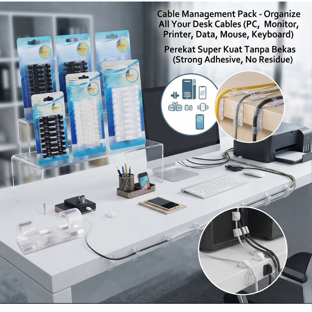 isi 20 / 16 Pcs Perapih Cable Clip Klem Kabel Tempel klip USB Charger lem 3m Stiker Kabel Klem Tempel klip Pengatur Kabel Organizer Cable Clip Management USB Charger Perapih kabel kecil charger hp kabel data Sedang Besar PC Monitor Printer Kantor Meja