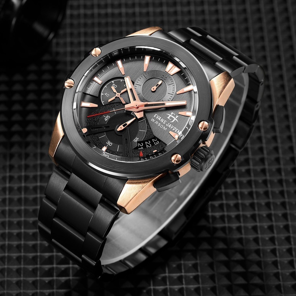 [ PROMO SAAT LIVE ] Evans Jayden Jam Tangan Pria 9615 Rantai Kaca Safir Chrono 5 ATM [Big Sale]