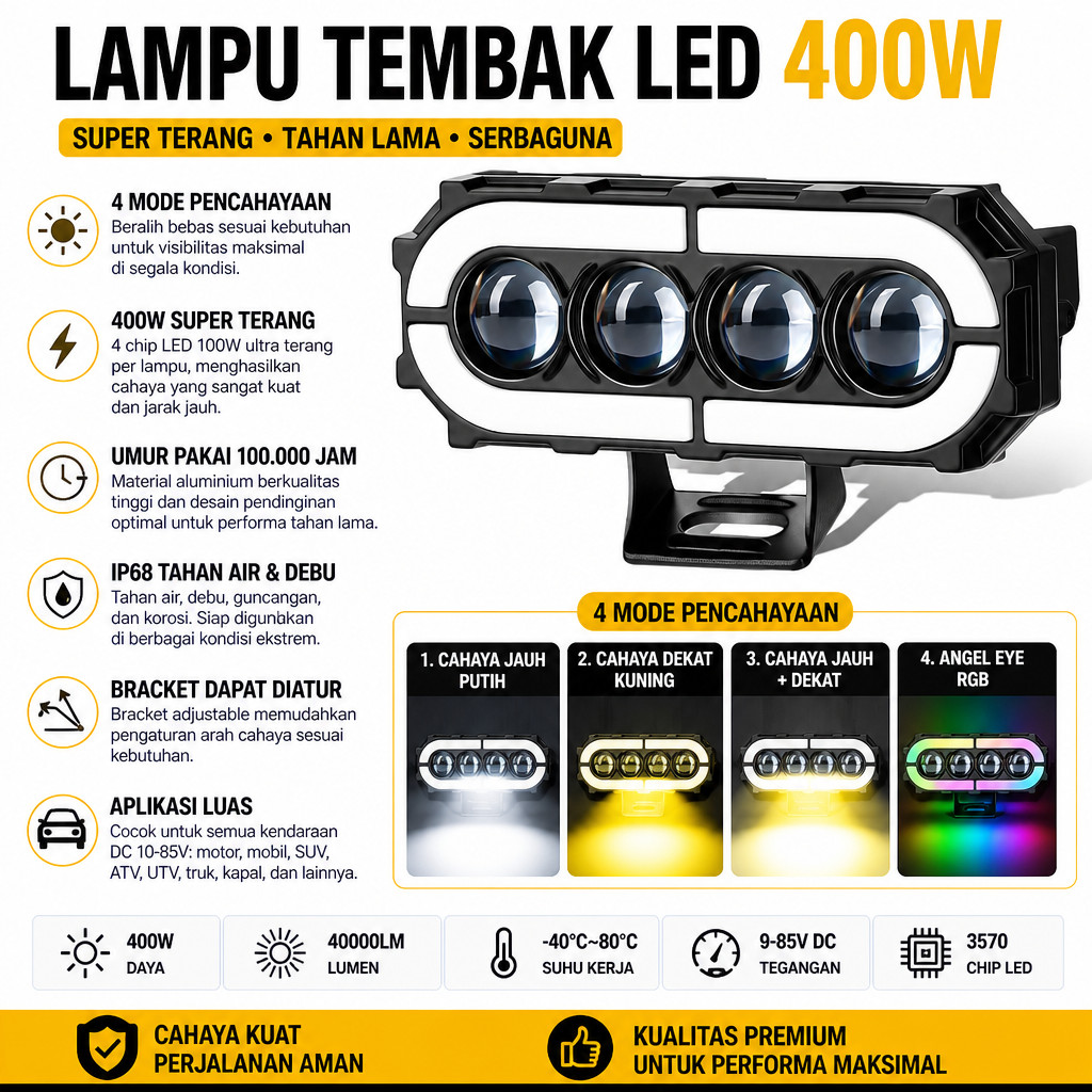 Clivo Lampu LED Tembak 4 Mata 400W 40000LM Super Terang Laser SQL Untuk