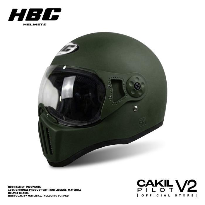 Helm HBC Cakil Pilot SOLID Helm Retro Full Face SNI - ARMY DOFF