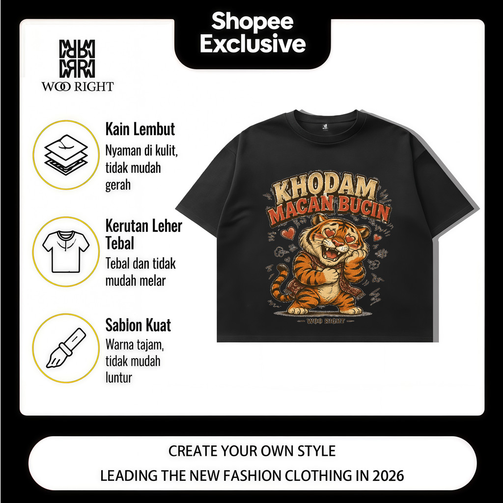 [COD] WOO RIGHT kaos pria oversize boxy 2026 atasan lengan pendek motif khodam macan bucin meme vira