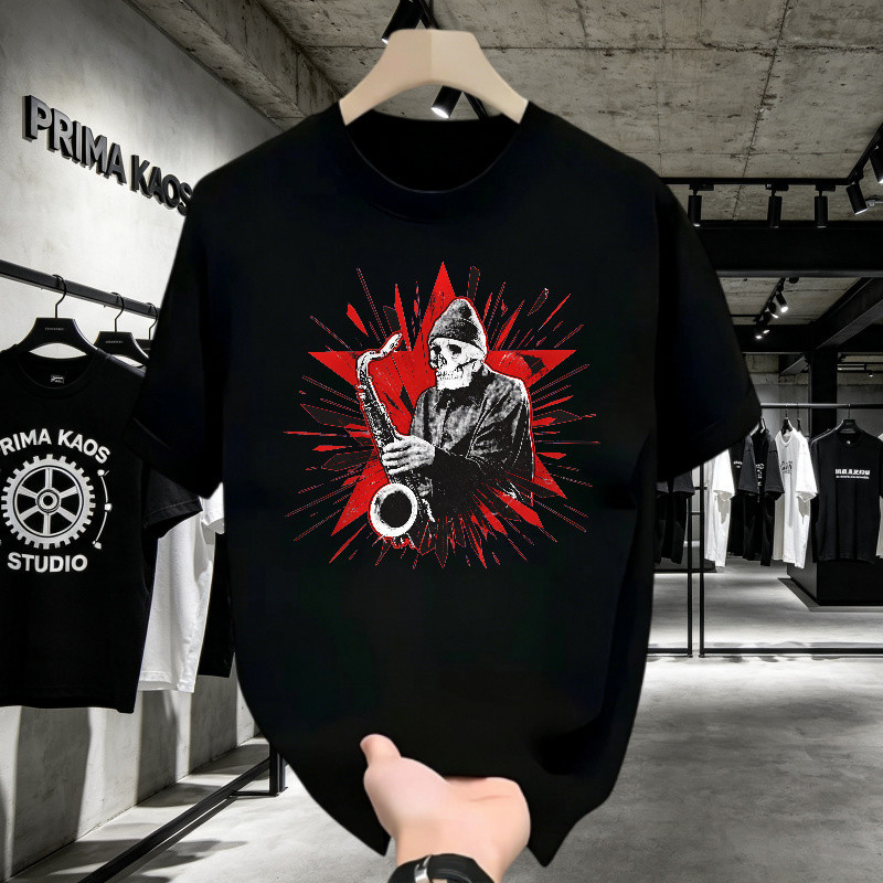 Kaos Korea T Shirt Skeleton Main Saxophone Vintage Trendy Unisex