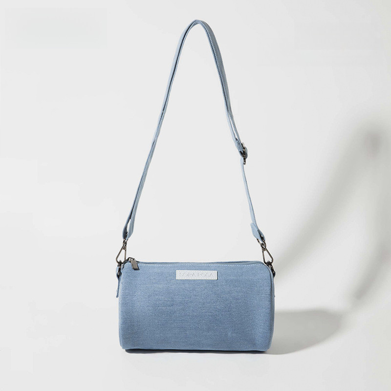 Tas Selempang Kanvas Boston Tabung Gaya Jepang, Kapasitas Besar, Tas HP Denim