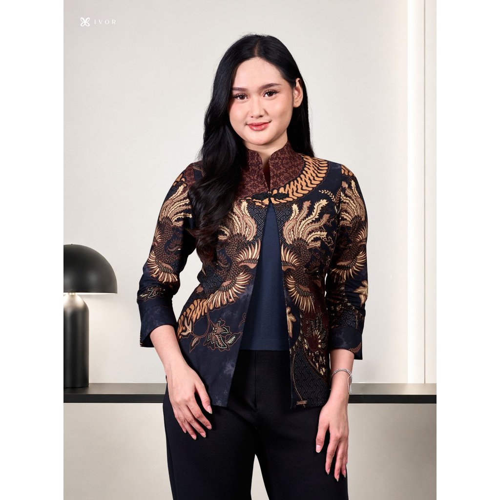 Laskala Batik Premium Lokananta Navy Blouse Shanghai Batik Slimfit Wanita Casual