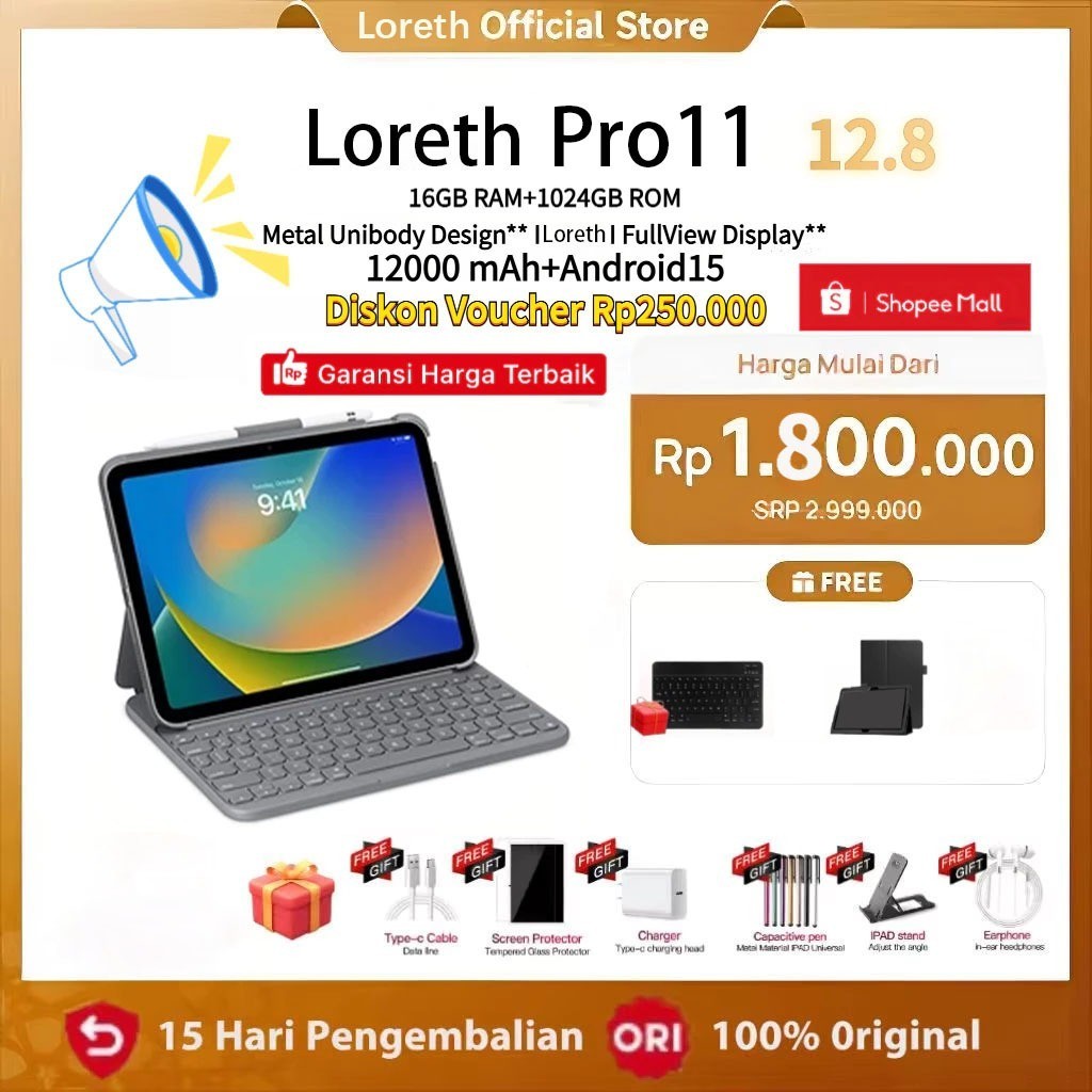 Loreth Tablet Pro11 (16GB+1024GB)11.6inch"lPS Screen Tablet Android15 8800 mAh Dual Sim CardadvanTab