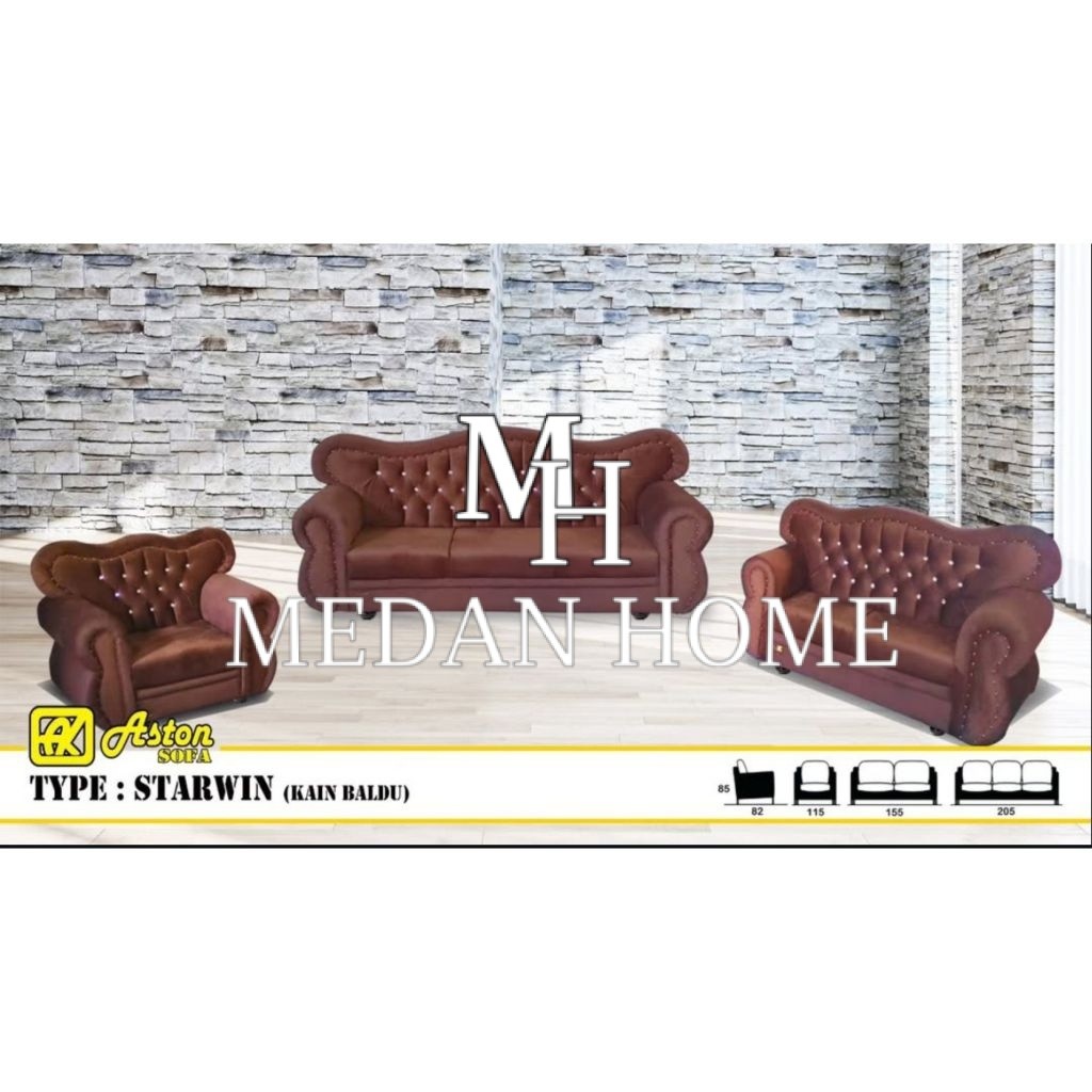 Sofa Aston Starwin 321 Bahan Kain Baldu + Meja Baldu Tingkat Kaca