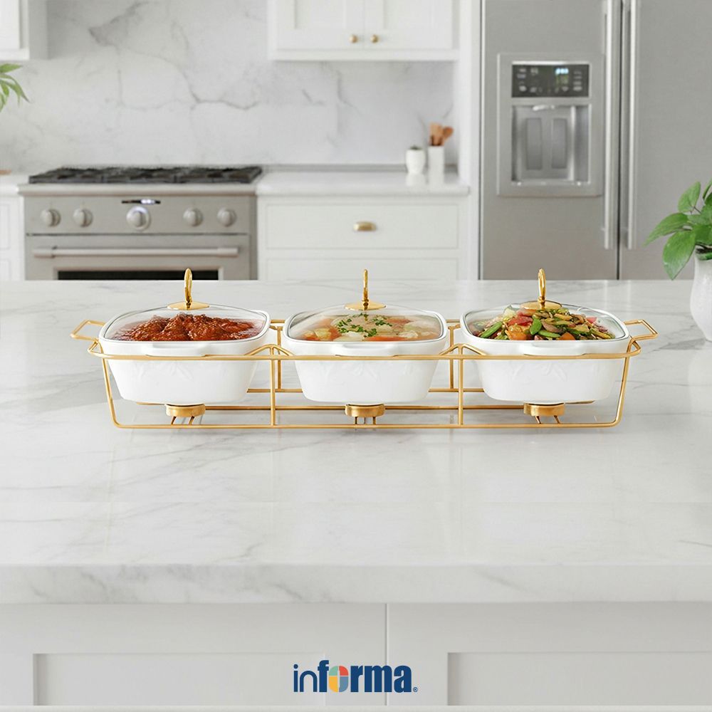 Informa Appetite Lily Wadah Saji Casserole Dengan Tutup & Rak 28 cm Set 3 pcs - Putih Serving Dish M