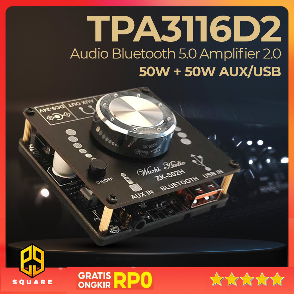 Wuzhi Audio Bluetooth 5.0 Amplifier Channel 2.0 2x50W TPA3116D2 - ZK-502H Original 99 Square