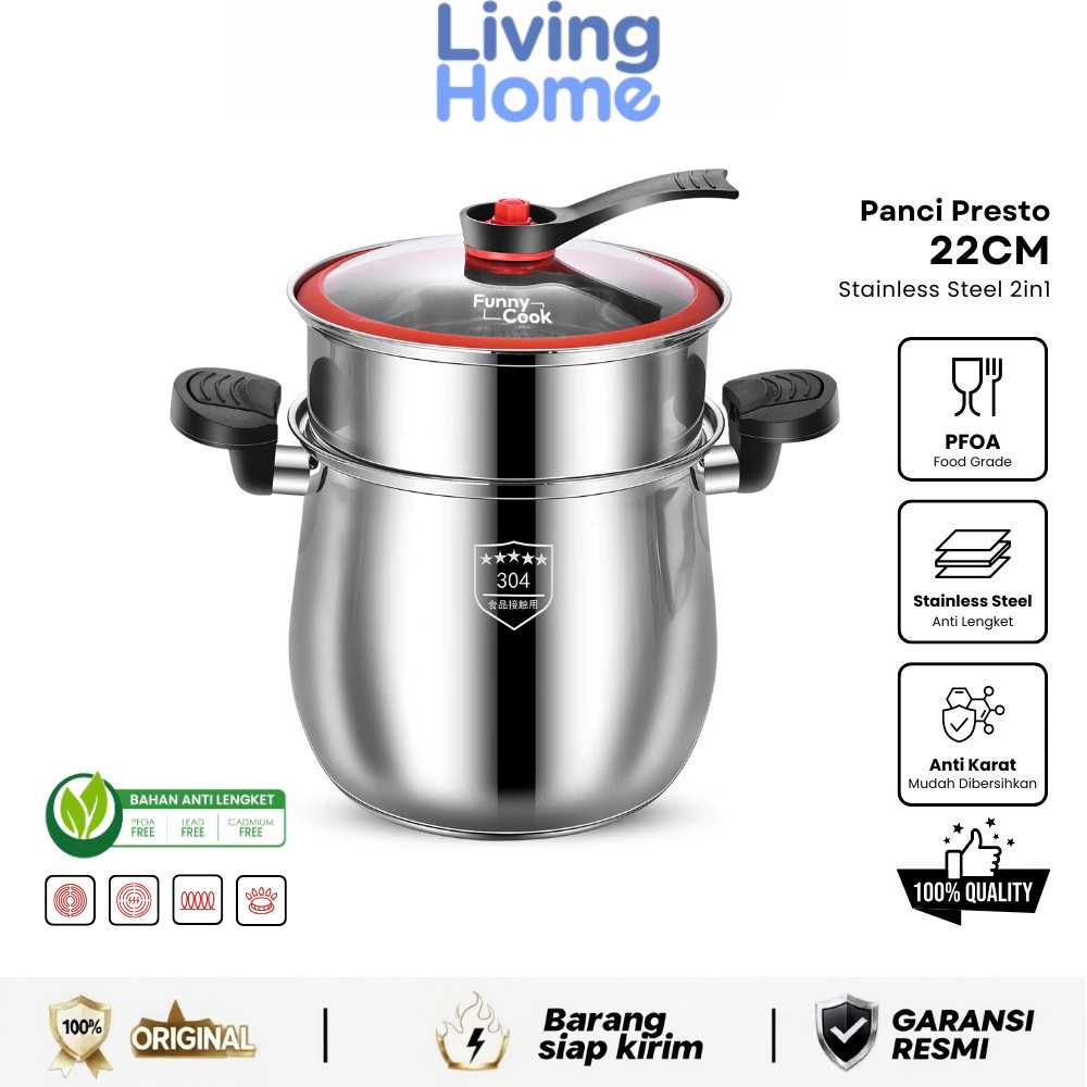Living Home-Panci Presto 22CM Stainless SUS304 Pressure Cooker 4L Premium Anti Lengket