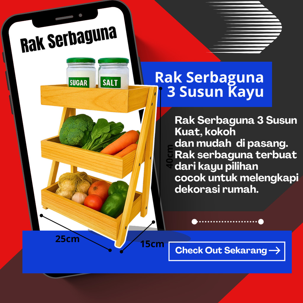 Rak Bawang Kayu 3 Susun / Rak Bumbu Serbaguna