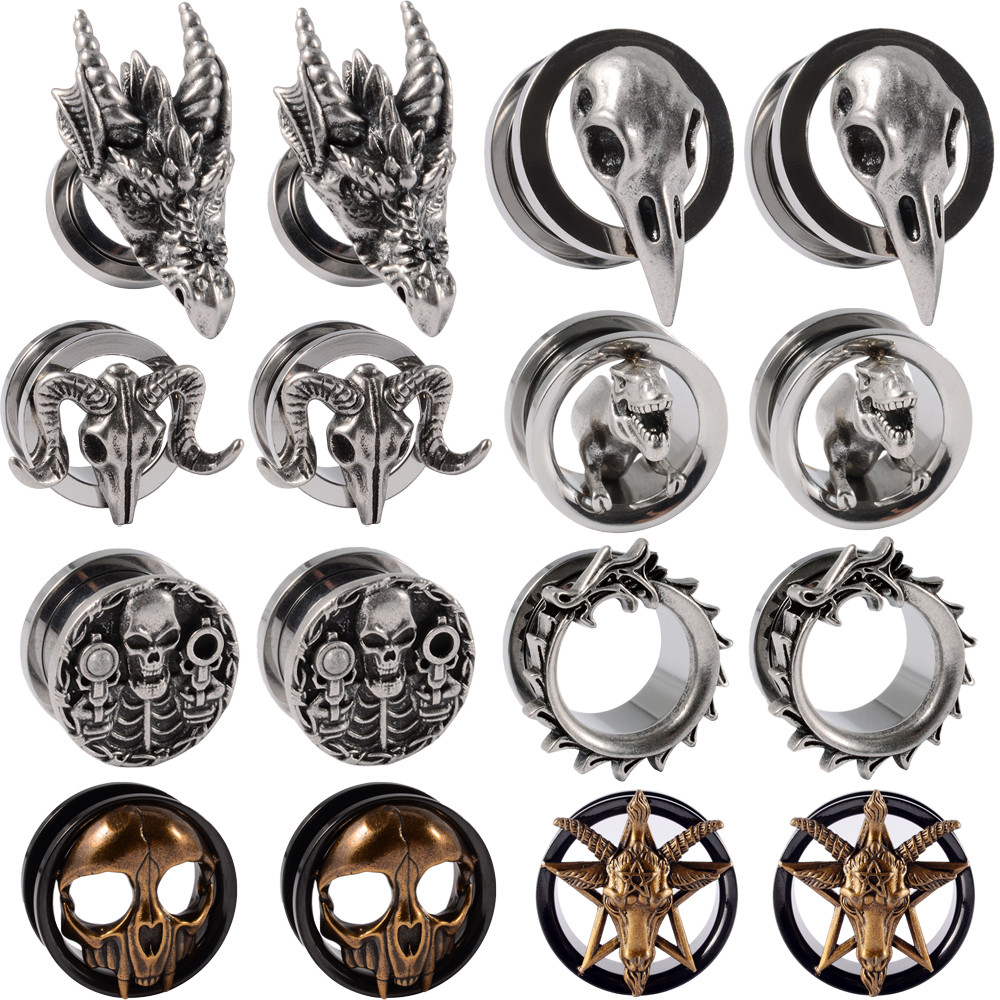 1PC Punk Stainless Steel Skeleton Ear Stretchers Tunnel External Thread Vintage Ear Gauge Plugs Expa