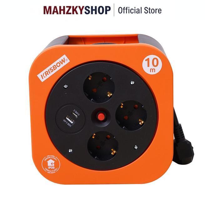 Krisbow 10 mtr Kabel Roll 3 Socket Dengan Usb & Type C - Hitam/Oranye Cable Reel Terminal Colokan Li
