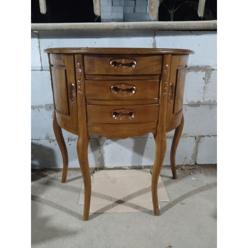 NAKAS DINDING SETENGAH LINGKARAN KAYU JATI | NAKAS LACI NAKAS 2 LACI FURNITURE JATI | NAKAS LACI KAY