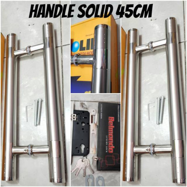 Paket Handle pintu stainless baut tembus solid 45cm 2set+body pelor