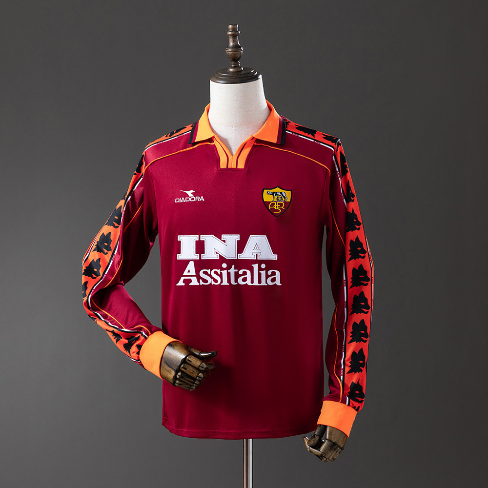 Jersey Roma 98/99 Home Long Sleeve Retro T shirt pria