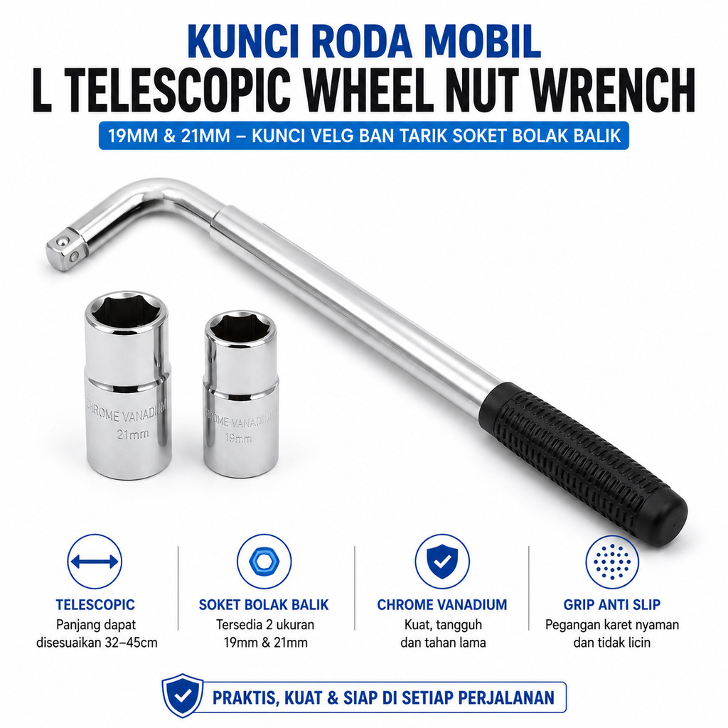 NEW Kunci Roda Mobil L BR459 Wheel Balik 21mm Bolak Kunci Ban Velg 19mm Wrench Tarik Telescopic